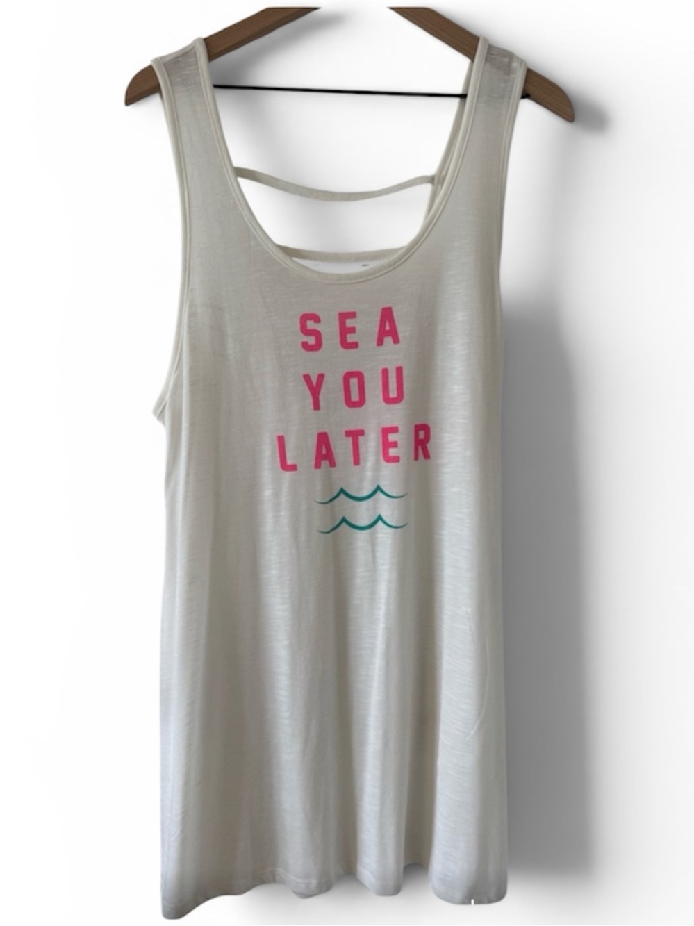Xhilaration White Tank Swim Coverup with Pink Text and Teal Wave